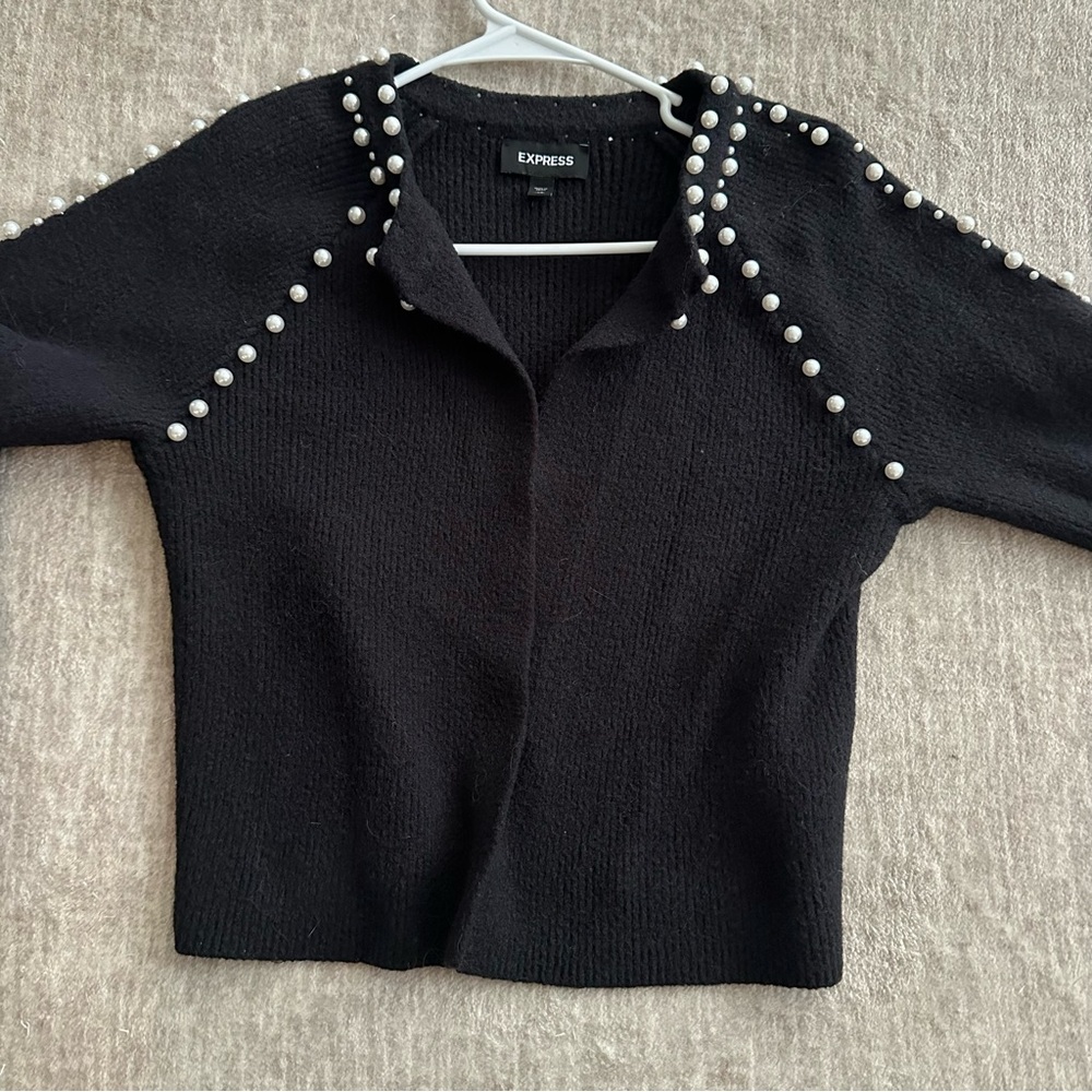 ✨ Elegant Express Pearl-Studded Black Sweater – Women’s XS